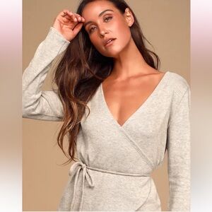 Lulu's Taupe V-Neck Wrap Sweater